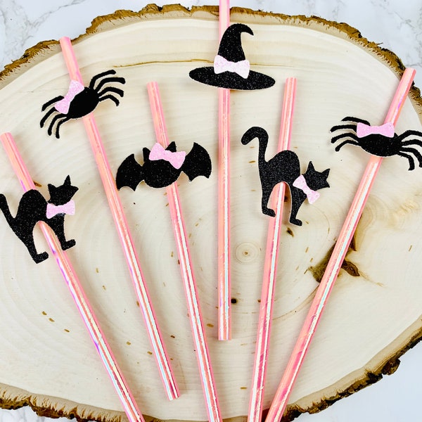 12 Halloween Party Straws, Spooky One Party Decor/Paper Straws/ Pink And Black/ Bat/ Spider/ Black Cat/ Witch Hat/ Girl Halloween Birthday