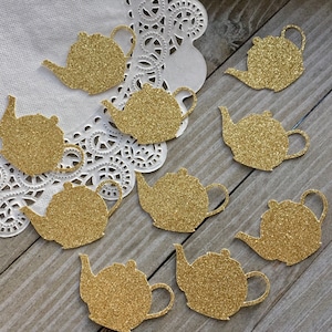 100  teapot confetti, gold glitter teapots, teapot confetti, tea party decorations, Wonderland decorations