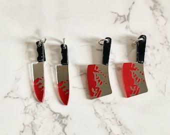 Knife Charms/ Bloody Knife Charms/ Halloween Cleaver/ Butcher Knife/ Blood/ Jewelry Making Supplies/ 11x22mm/ 2 or 4 pieces
