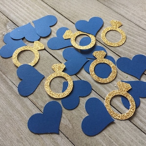 100 gold glitter rings and navy blue hearts, bridal shower confetti, bachelorette party, wedding, engagement party decor