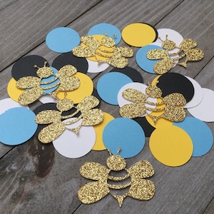 150 abejorros y círculos de purpurina dorada, baby shower de abejorros, confeti de abejorro, mamá a abeja, decoración de abejas pequeñas