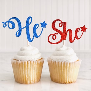 He or She 4th of July Gender Reveal Cupcake Toppers/ Independence Day Reveal/ Boy Or Girl/ Star Cupcake Toppers/ Fourth of July Baby Shower