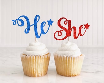 He or She 4th of July Gender Reveal Cupcake Toppers/ Independence Day Reveal/ Boy Or Girl/ Star Cupcake Toppers/ Fourth of July Baby Shower