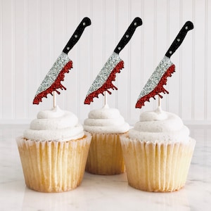 12 Bloody Knife Cupcake Toppers/ Horror Movie Party Decor/ Halloween Birthday Party/ Murder Mystery/ Slasher/ Have A Killer Birthday