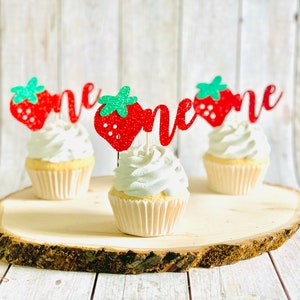 12 Strawberry One Cupcake Toppers/ Strawberry 1st Birthday Decor /Sweet To Be One/ Fruit Decor/ Strawberry Party/ Berry Sweet/ Sweet One