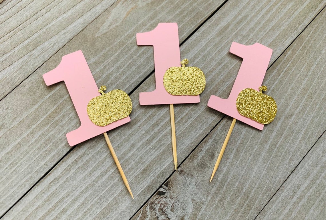 12 Pink One Cupcake Toppers With Gold Glitter Pumpkin, Little Pumpkin ...