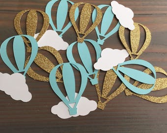 50 hot air balloon & cloud confetti, gold glitter, robin's egg, mint, baby shower, birthday party, party decorations, up and away