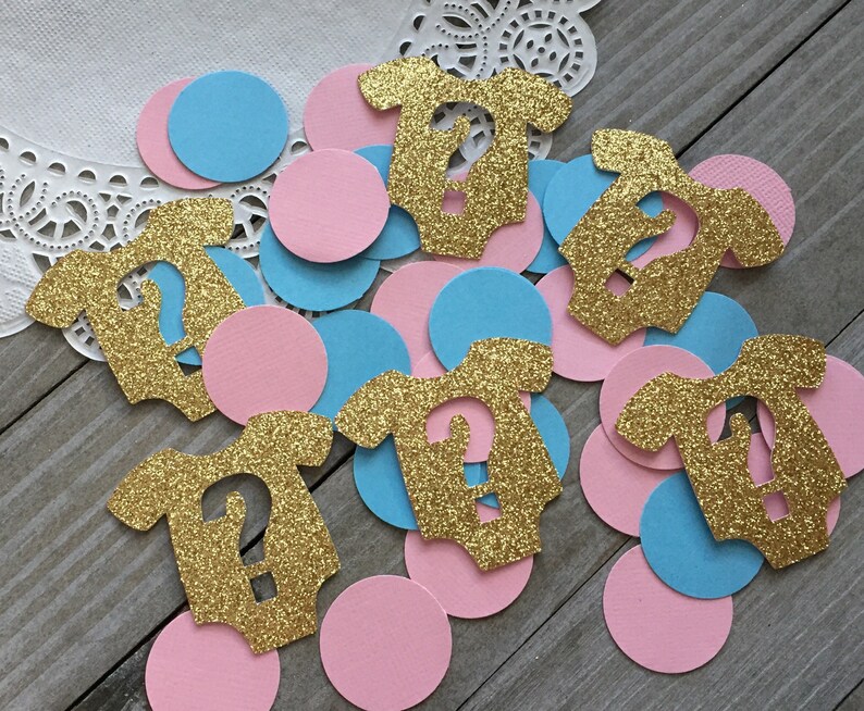 blue and pink circles gold glitter 100 gender reveal party decorations onesie with question marks baby shower decorations baby onesie