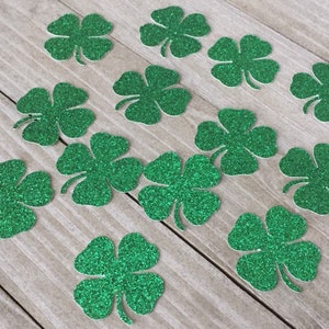 100 green glitter four leaf clovers/shamrock confetri, St. Pattys day party, baby shower, birthday party decor