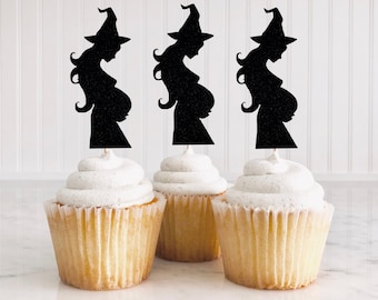 Pregnant Witch Cupcake Toppers/ A Baby Is Brewing/ Halloween Gender Reveal Toppers/ Witch Baby Shower/ Boo-y Or Ghoul/ Witch or Wizard