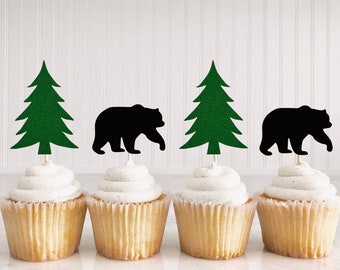 12 bear and tree cupcake toppers, lumberjack party decor, camping party, outdoors, hunting