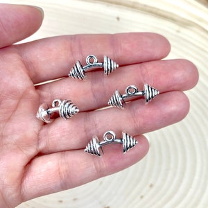4 Silver Dumbbell Charms/ Weightlifting Charms/Fitness Jewelry/ Dumbbell Pendant/ Bodybuilding/ Jewelry Making Supplies