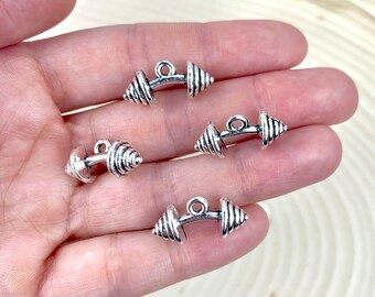 4 Silver Dumbbell Charms/ Weightlifting Charms/Fitness Jewelry/ Dumbbell Pendant/ Bodybuilding/ Jewelry Making Supplies