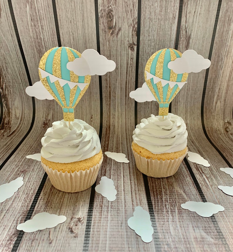 12 Hot Air Balloon Cupcake Toppers Mint and Gold Hot Air Etsy