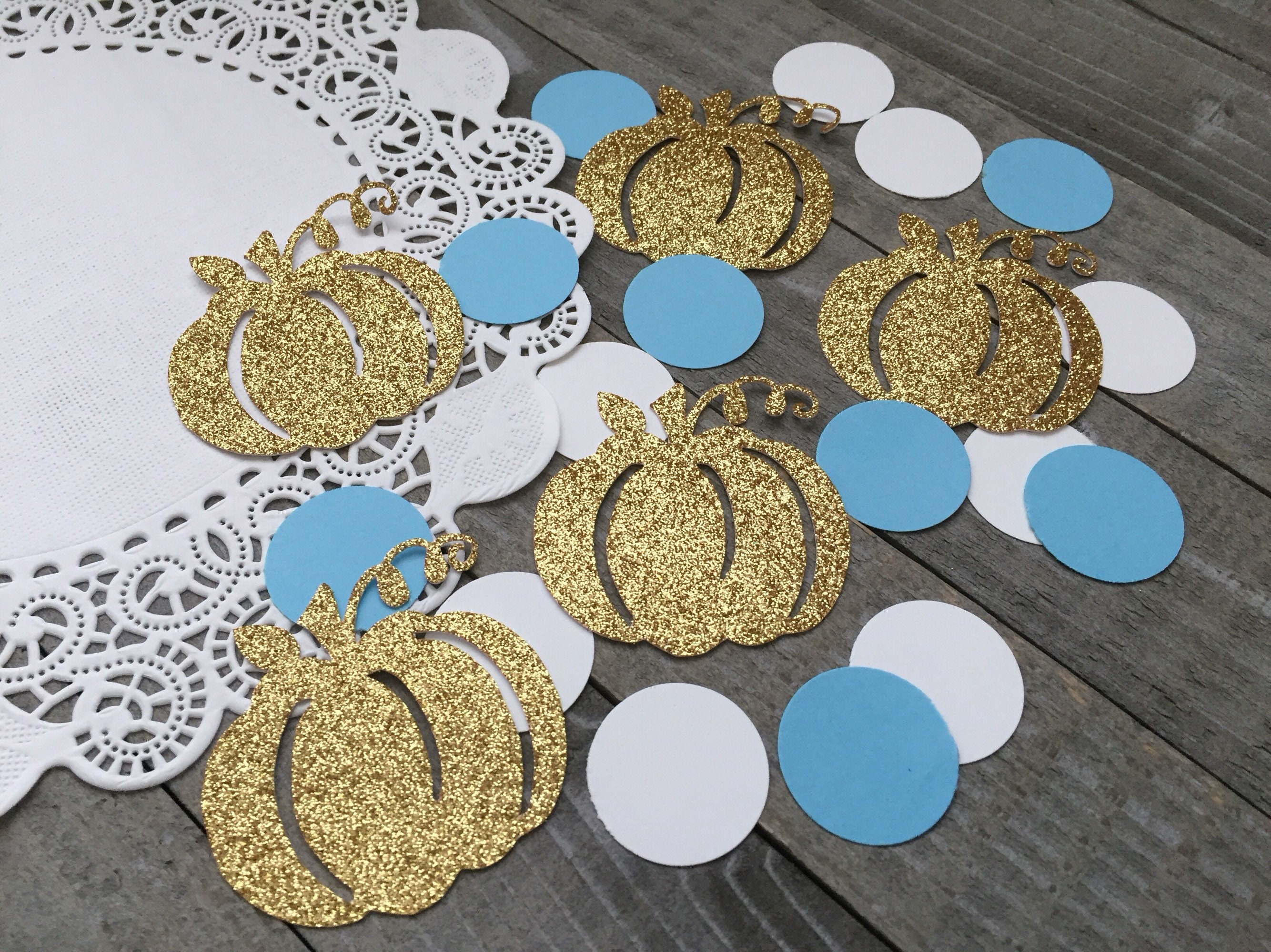 100 gold glitter pumpkins with baby blue and white circles little pumpkin birthday confetti pumpkin baby shower pumpkin