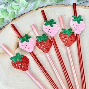 12 Strawberry Party Straws, Pink And Red Strawberry Party Decor/Paper Straws/ Berry Sweet/ Baby Shower/ Berry 1st Birthday
