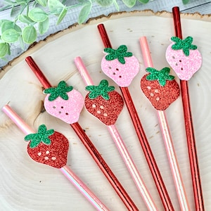 12 Strawberry Party Straws, Pink And Red Strawberry Party Decor/Paper Straws/ Berry Sweet/ Baby Shower/ Berry 1st Birthday