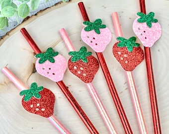 12 Canudos Decorativos com Tema de Morango, Rosa e Vermelho / Canudos de Papel / Doce e Delicioso / Chá de Bebê / 1º Aniversário com Tema de Morango