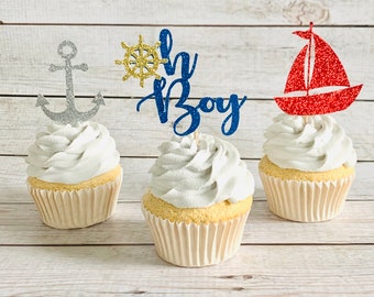Oh Boy Nautiska Muffinsdekorationer/ Oh Boy Toppers/ Nautisk Festdekoration/ Segelbåt/ Ankare/ 12 st.