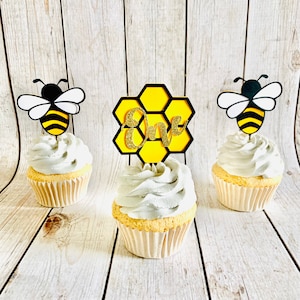 12 Bumble Bee And Honeycomb Cupcake Toppers/ Happy Bee Day/ What Will It Be Baby Shower Decor/ Mommy to Bee