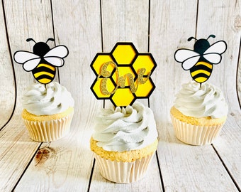 12 Bumble Bee And Honeycomb Cupcake Toppers/ Happy Bee Day/ What Will It Be Baby Shower Decor/ Mommy to Bee