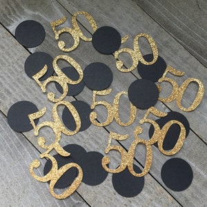 50th birthday party decor, gold glitter 50 number confetti, black circles, 100 count