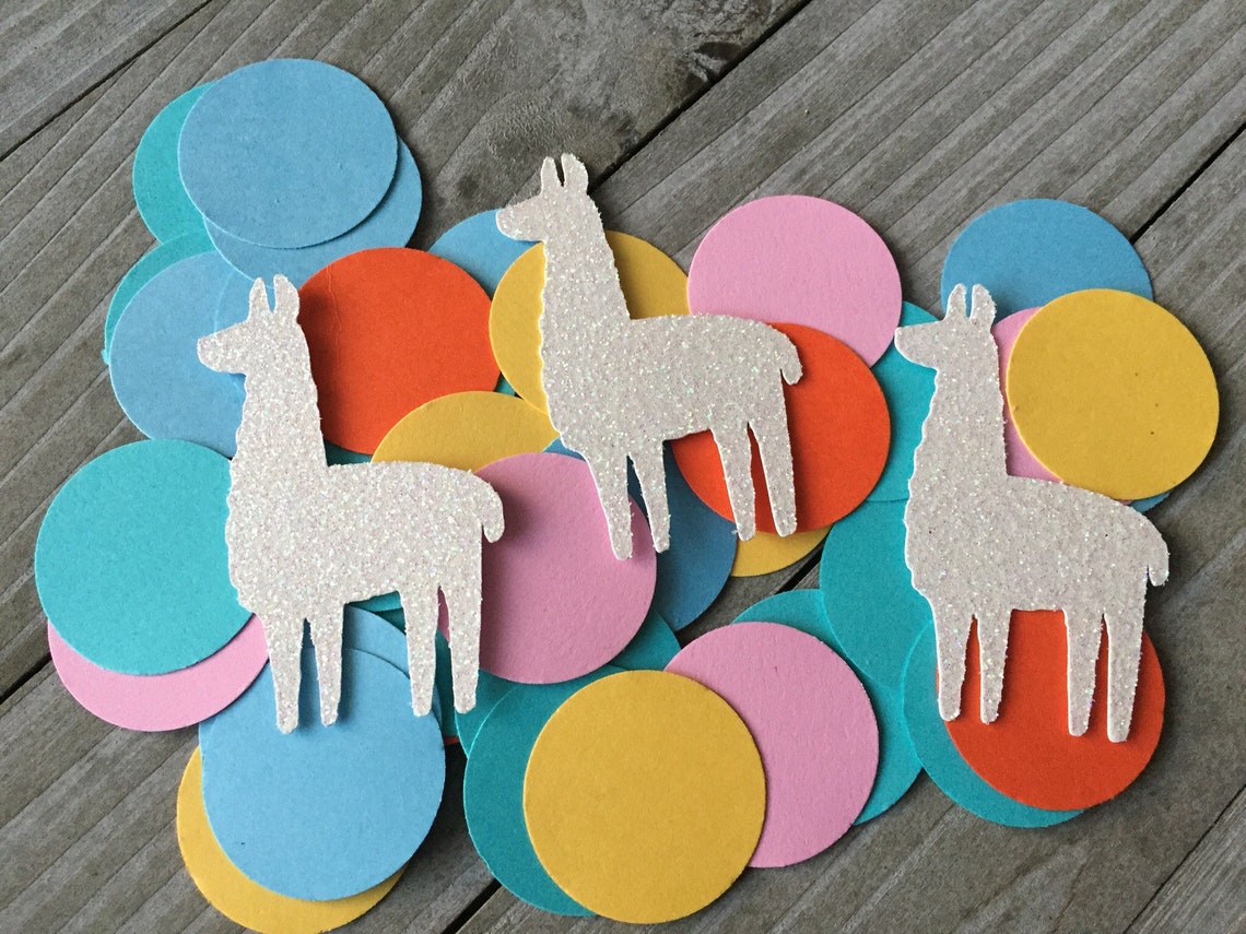 Llama Confetti, White Glitter Llamas and Colorful Circles, Llama Party ...