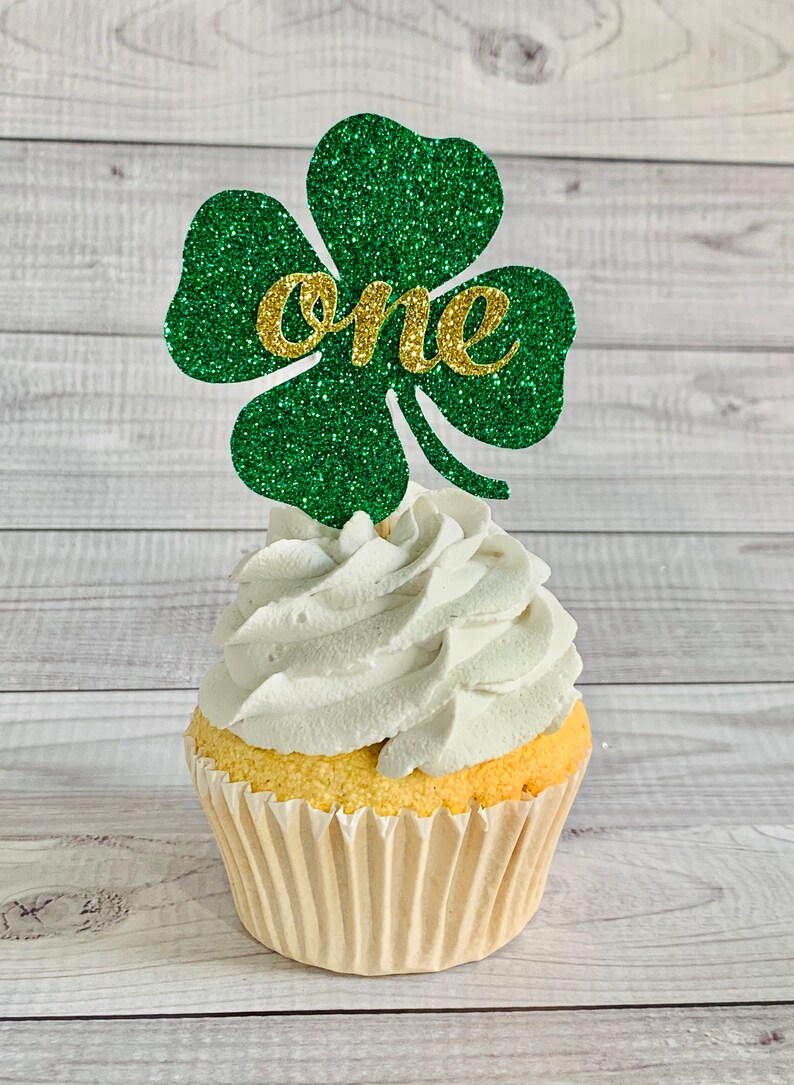 12 Shamrock One Toppers Patty\u2019s Day Birthday Patricks\u2019s Day Decor Lucky One Toppers Four Leaf Clover Cupcake Toppers St St