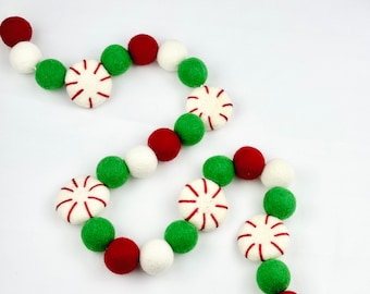 Peppermint Christmas Garland/ Mantel Decor/ Felt Peppermint Candy Garland/ Christmas Tree Wrap/ Green, Red And White Felt Ball Garland