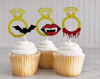 She Sunk Her Fangs In Cupcake Toppers/ Love At First Bite/ Spooky Bach Party Decorations/ Halloween Bachelorette / Gothic Bridal Shower