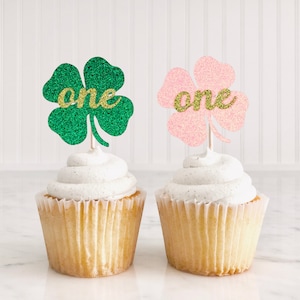 St. Patrick&#39;s Day Cupcake Toppers/ Shamrock Toppers/ Four Leaf Clover Cupcake Toppers St. Patty’s 1st Birthday Decor/ Lucky One/ Two Lucky