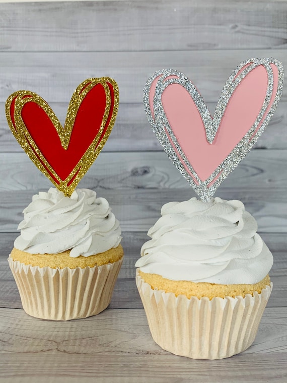 12 Gold Glitter Heart Cupcake Toppers/Picks with Red RibbonsParty Decorations 