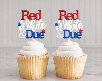 Rot, Weiß und Due Cupcake Toppers / 4. Juli Baby Shower Party Decor / Unabhängigkeit Gender Reveal Partyzubehör / Bunt Baby Sprinkle