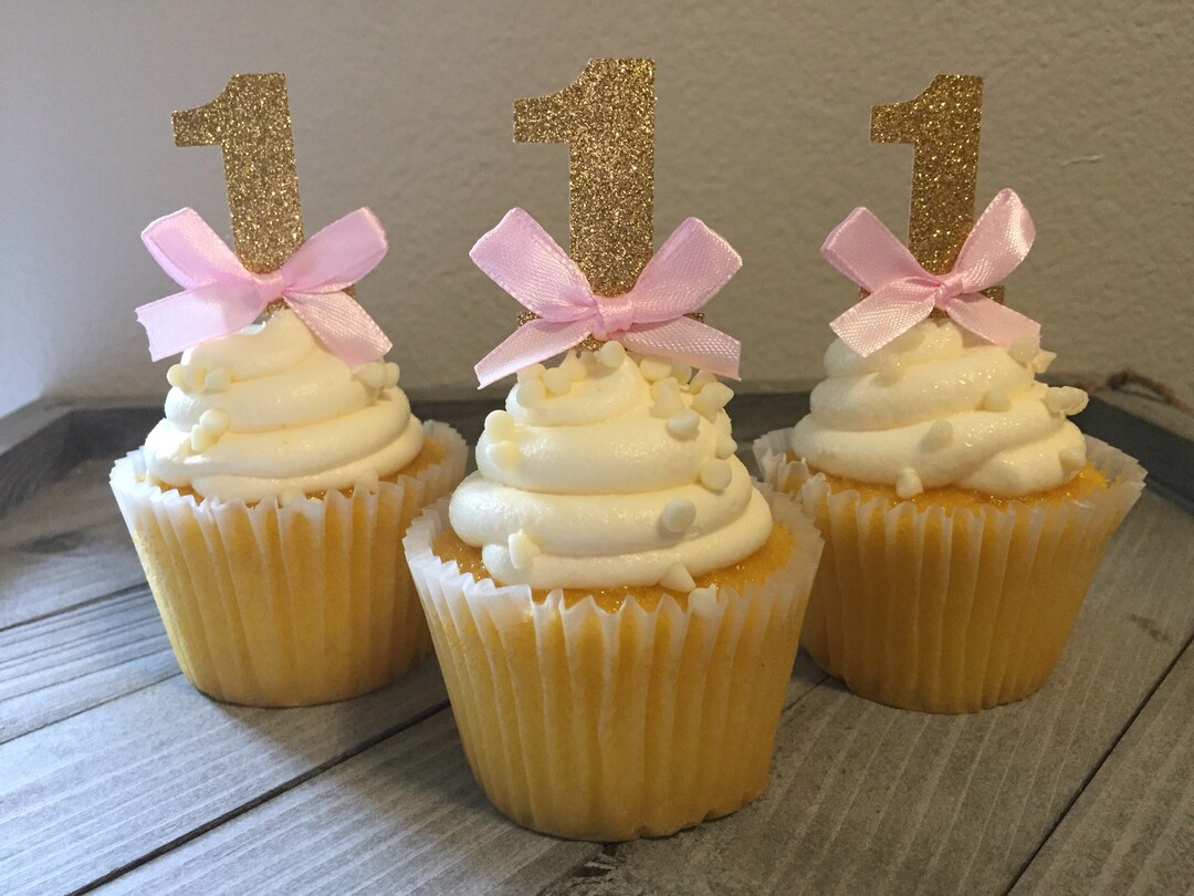 Gold Glitter 1st Birthday With Pink Bow Cupcake Toppers/ Pink and Gold ...