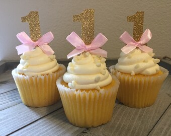 Gold glitter 1st birthday with pink bow cupcake toppers/ pink and gold 1st birthday/ 12 ct.