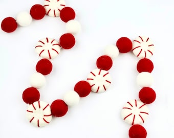 Peppermint Christmas Garland/ Mantel Decor/ Felt Peppermint Candy Garland/ Christmas Tree Wrap/ Red And White Felt Ball Christmas Garland