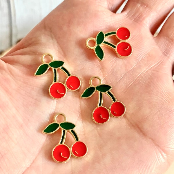 Cherry Charms/ 5 Pcs/ Cherry Fruit Enamel Charms/ Fruit Jewelry/ Cherry Pendant/ Jewelry Making Supplies