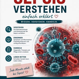 May include: A medical educational poster with the title "SEPSIS VERSTEHEN" in large red letters. The poster explains sepsis with illustrations of bacteria and blood cells. Text includes "Understand, Recognize, Act, Save Lives".