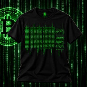 Op de afbeelding: Een zwart t-shirt met korte mouwen en een groene digitale print van hexadecimale code en binaire gegevens. De afbeelding bevat tekst die verwijst naar The Times 03/Jan/2009 en het Genesis Block. Een klein groen Bitcoin-logo staat op het neklabel.