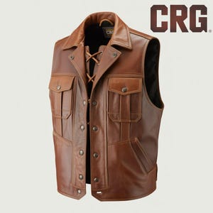 May include: A brown leather vest featuring a collar, a front lace-up closure, and multiple snap-button pockets. The garment includes a black interior lining and the text CRG is visible in the upper right corner of the image. The vest has a structured design with visible stitching details throughout the leather surface.