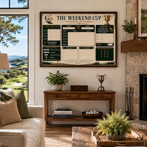 Può includere: Un poster da parete incorniciato intitolato The Weekend Cup, che presenta un layout di segnapunti per tornei di golf con sezioni per le formazioni delle squadre, i risultati e le regole, stampato in verde scuro e crema con un trofeo dorato.