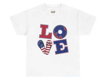 Camiseta patriótica LOVE com estampa de donuts | Letras da bandeira americana, camiseta para o Quatro de Julho