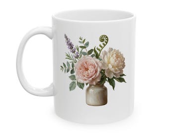 Watercolor Floral Bouquet Mug | Peony and Lavender Ceramic Coffee Cup