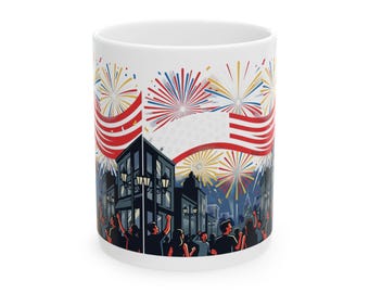 American Flag Fireworks Streetscape Mug | Patriotic 4th of July Coffee Cup