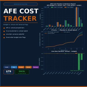 以下が含まれることがあります： オレンジ色の「AFE COST TRACKER」というタイトルの濃い青色のグラフィック。画像には、予算と実際のコストを比較するグラフが表示されており、グループ化されたバー、Sカーブ、および項目別差異ウォーターフォールが含まれています。「EXCEL」というテキストが表示されています。