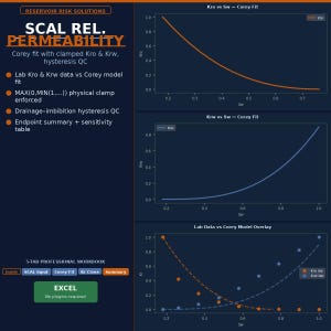 May include: A technical dashboard titled Reservoir Risk Solutions SCAL Rel. Permeability featuring three graphs. Two line charts show Kro and Krw versus Sw, while the third displays Lab Data vs Corey Model Overlay with orange and blue data points.
