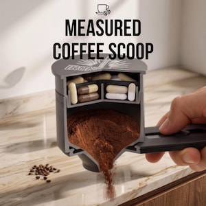 Puede incluir: Una cuchara medidora de café de color gris oscuro con mango, que presenta una vista de corte transversal que revela un compartimento superior lleno de varias cápsulas blancas y marrones y una sección inferior dispensando café molido, con el texto MEASURED COFFEE SCOOP.