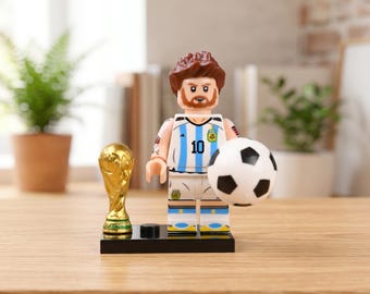 Messi Argentinien 10 Minifigur mit WM-Pokal, Fußballsammelspielzeug