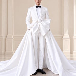 Op de afbeelding: Een wit pak met een getailleerde blazer met een grote, gestructureerde strik in de taille en een lange, vloeiende sleep. Het ensemble bestaat uit een wit overhemd, een zwarte vlinderdas, een slanke witte broek en zwarte nette schoenen.
