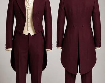 Men’s Burgundy Morning Suit, Tailcoat Wedding Suit, 3 Piece Groom Tuxedo, Victorian Formal Suit, Custom Tailored